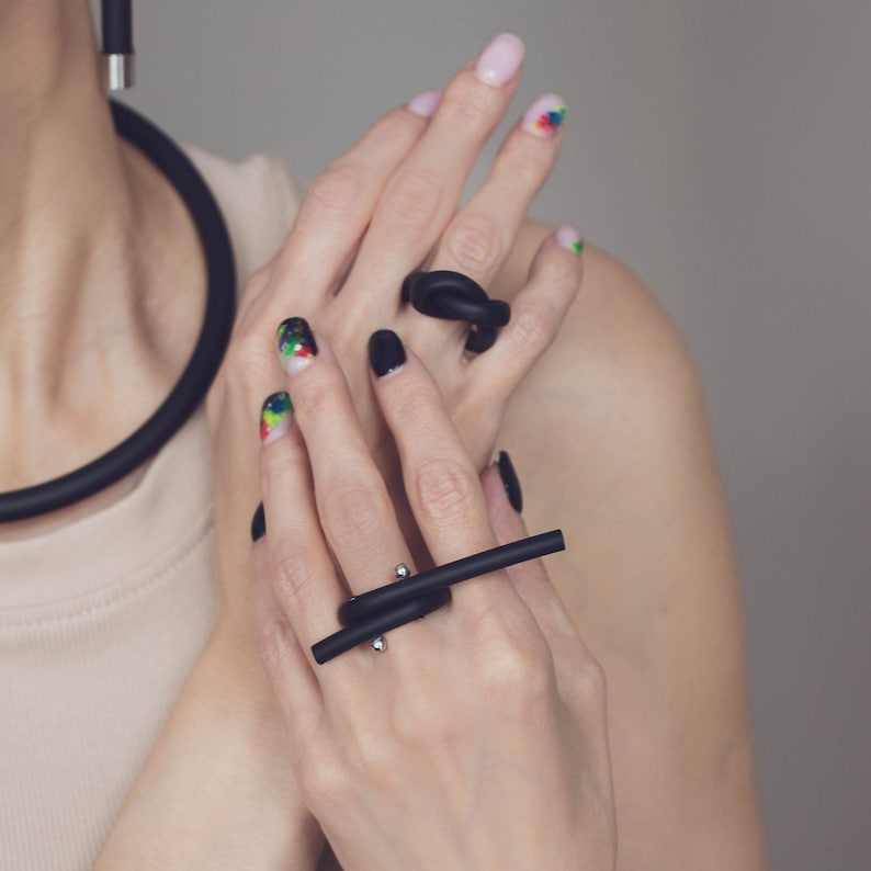 Black Rubber Rings / Minimalist Ring Set / Contemporary Jewelry / Gift For Her image 1