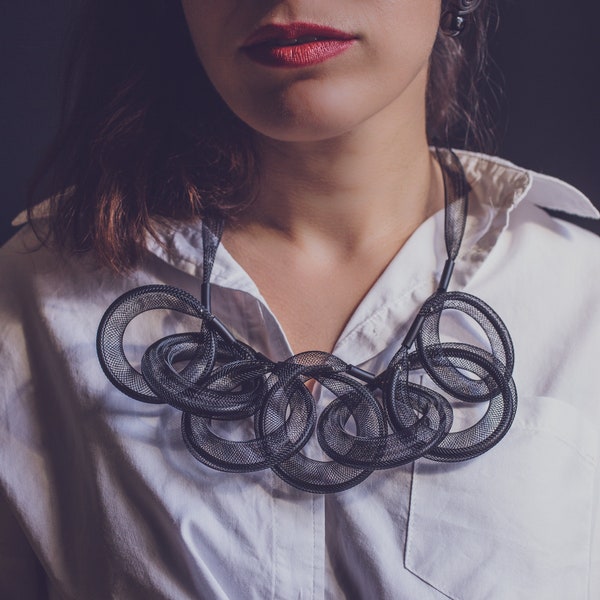 Statement Black Necklace / Mesh and Rubber Jewelry / Unique Necklace / Contemporary Jewelry for Her