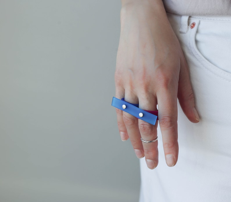 Blue Rubber Ring For Her/ Double Finger Ring / Modern Ring / Contemporary Jewelry image 1