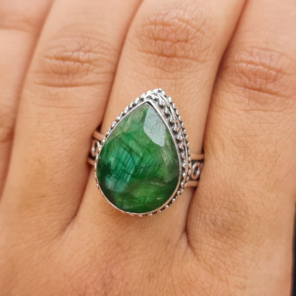 Raw Emerald Silver Ring With Fine Work Handcrafted Ring Gift For Women/Girls Customized Sizes/ Choose Your Own Stone