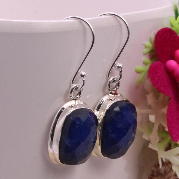 Exquisite 925 Solid Solid Silver Raw Sapphire Drop Dangle Earrings Gift for Her/ Anniversary/Birthday Gift For Women/Girls Next Day Dispatch