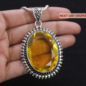 Beauteous Oval Shape Yellow Citrine Silver Pendant Gift For Her Birthday/Christmas Gift Fine Work Silver Chain Next Day Dispatch