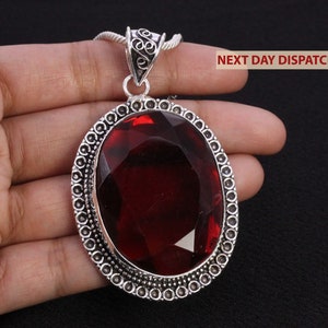 Dazzling Oval Shape Garnet Silver Pendant Gift For Her Christmas/Anniversary Gift Fine Work With Silver Chain Next Day Dispatch