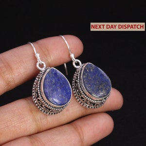 Gorgeous Natural Lapis Lazuli Silver Fine Work Drop Dangle Earrings Gift for Her/ Christmas/Birthday Gift For Women/Girls Next Day Dispatch