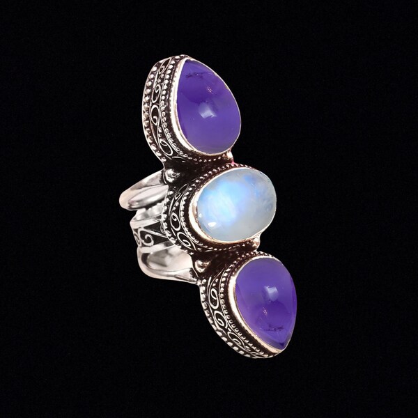 Three Stone Amethyst/Moonstone Silver Fine Work Handcrafted Ring With All Customized Sizes J To Z Anniversary Gift/ Gift For Women/Girls