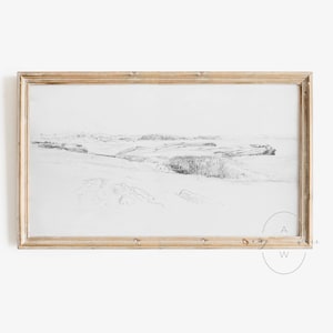 May include: A black and white pencil drawing of a coastal landscape framed in a light wood frame.