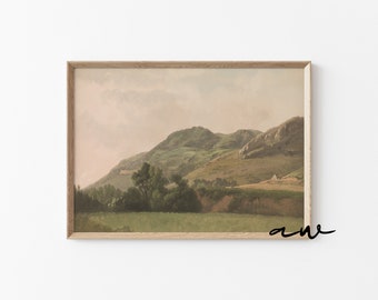 Neutral Autumn Print, Mountains Landscape Painting, Vintage Printable Art
