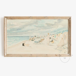 Samsung Frame TV Art Summer Vintage Beach, Watercolor Painting Day at the Beach