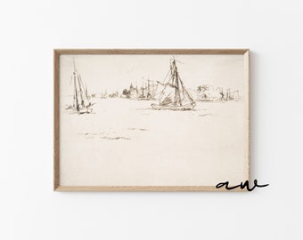 Vintage Sailboat Drawing, Coastal Printable Art
