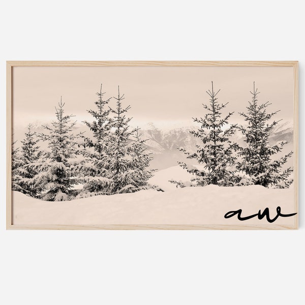 Samsung Frame TV Art Holiday, Pine Trees Snowy Winter Landscape, Christmas Neutral Black and White Photography Forest