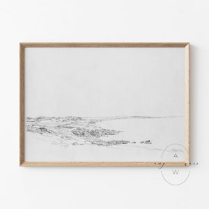Modern Coastal Print, Black and White Beach Line Art, Summer Vintage Landscape Drawing, Beach House Gift