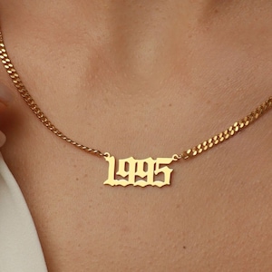 Personalized Year Necklace - 14K Gold Year Necklace, Custom Year Necklace, Birth year Jewelry, Gothic Year Necklace, Birthday Gift for Wife