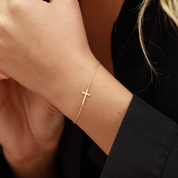 14K Gold Cross Bracelet - Dainty Cross Jewelry - Religious Bracelet - Cross Bracelet Women, Christian Gifts for Women - Communion Gift