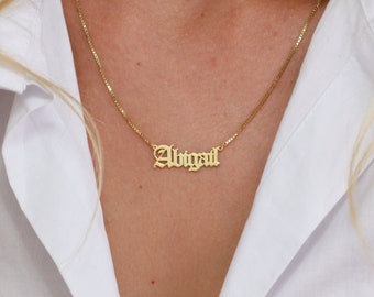 Alte englische Namenskette, personalisierte Namenskette, benutzerdefinierte Namenskette, Namenskette für Frauen, anpassbare Halsketten, Goldhalskette