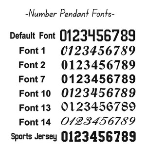 May include: A black and white image showcasing various number pendant fonts. The text reads "-Number Pendant Fonts-" followed by examples of numbers 0-9 in different styles, including "Default Font," "Font 1," "Font 2," "Font 7," "Font 10," "Font 13," "Font 14," and "Sports Jersey."