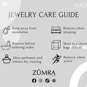 May include: A black and white infographic with the title "Jewelry Care Guide". The infographic provides tips on how to care for jewelry, such as keeping it away from moisture, removing it before entering water, and storing it in a closed bag or box.