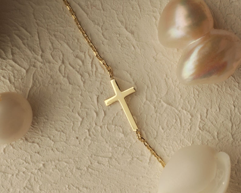 14K Gold Cross Bracelet Dainty Cross Jewelry Religious Bracelet Cross Bracelet Women, Christian Gifts for Women Communion Gift image 5