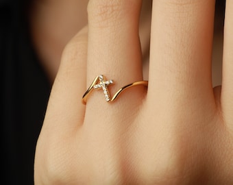 14K Gold Cross Ring Cubic Zircon, Dainty Cross Jewelry, Religious Ring, Cross Rings for Women, Christian Jewelry, Baptism, Christmas Gift