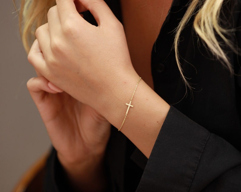 14K Gold Cross Bracelet Dainty Cross Jewelry Religious Bracelet Cross Bracelet Women, Christian Gifts for Women Communion Gift image 1