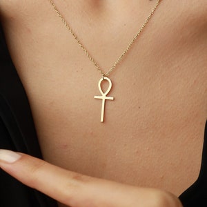 Collar con colgante Ankh de oro de 14 quilates, collar egipcio, collar Ankh, joyería Ankh para mujer, collar de protección, regalo de Navidad, regalo de cumpleaños para ella