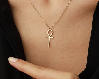 14K Gold Ankh Anhänger Halskette, ägyptische Halskette, Ankh Halskette Frauen Ankh Schmuck, Schutz Halskette, Weihnachtsgeschenk, Geburtstagsgeschenk für Sie