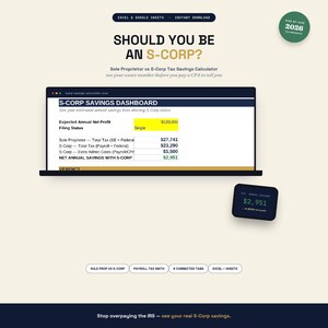 S-Corp Tax Savings Calculator | Sole Proprietor vs S-Corp Comparison Spreadsheet | Self Employed Excel Google Sheets