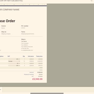 Small Business PO Template with VAT Calculator