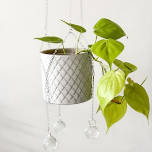 Pode incluir: Um vaso suspenso com um vaso de cerâmica branca com um padrão de losangos. O vaso é suspenso por correntes prateadas e adornado com três ornamentos de bolas de cristal. Folhas verdes exuberantes em forma de coração caem do vaso.
