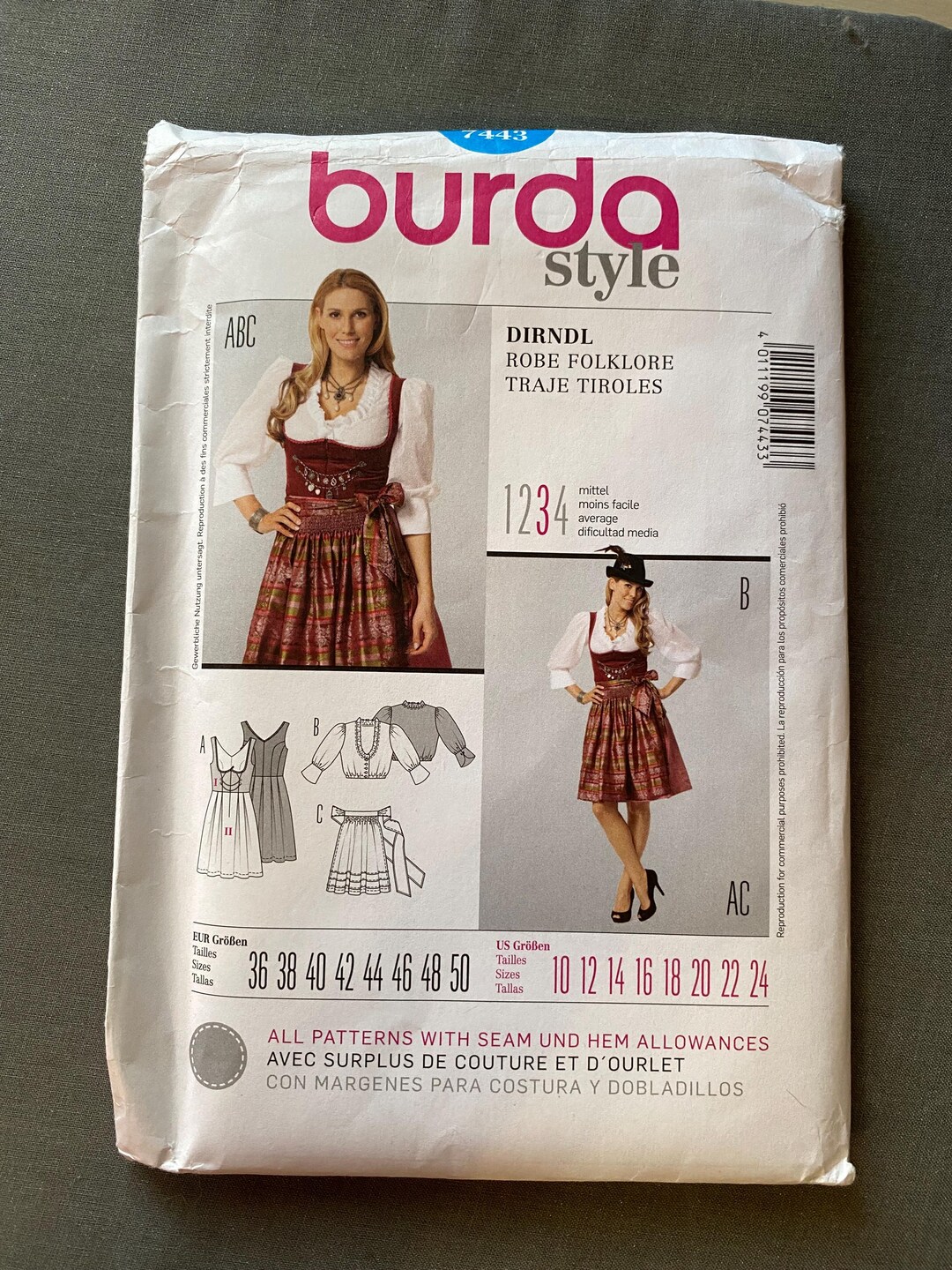 Burda 7443 Dirndl Sewing Pattern Sizes US 10-24 EUR 36-50 Uncut, Free ...