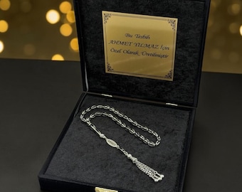 Regalo per lui - Regalo d'amore - Tesbih personalizzato - Elegante cofanetto con nome personalizzato - Set regalo con rosario metallico