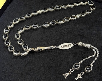 Tesbih personalizzato placcato in argento con nome personalizzato, confezione regalo di lusso, rosario inciso, regalo islamico per lui, regalo per il papà, regalo per uomo