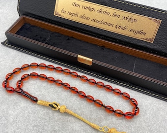 Sterling Silver Rosary Squeeze Amber Tesbih with Gold Plated Kazaz Tassel, Named Box