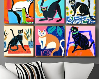 Connection Cat Wall Art, Set 6 Print Canvas or Poster, Modern Wall Art, Colorful Art Print, Abstract Shapes, Henri Matisse Style