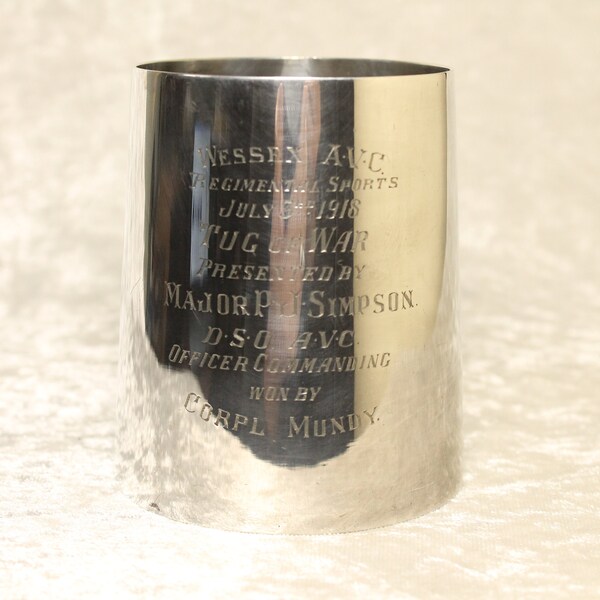 WW1 1918 British Army Wessex AVC EPNS Silver Plated Tug Of War Trophy Tankard Half Pint Fully Engraved Wessex Artill ery Volunteer Corps