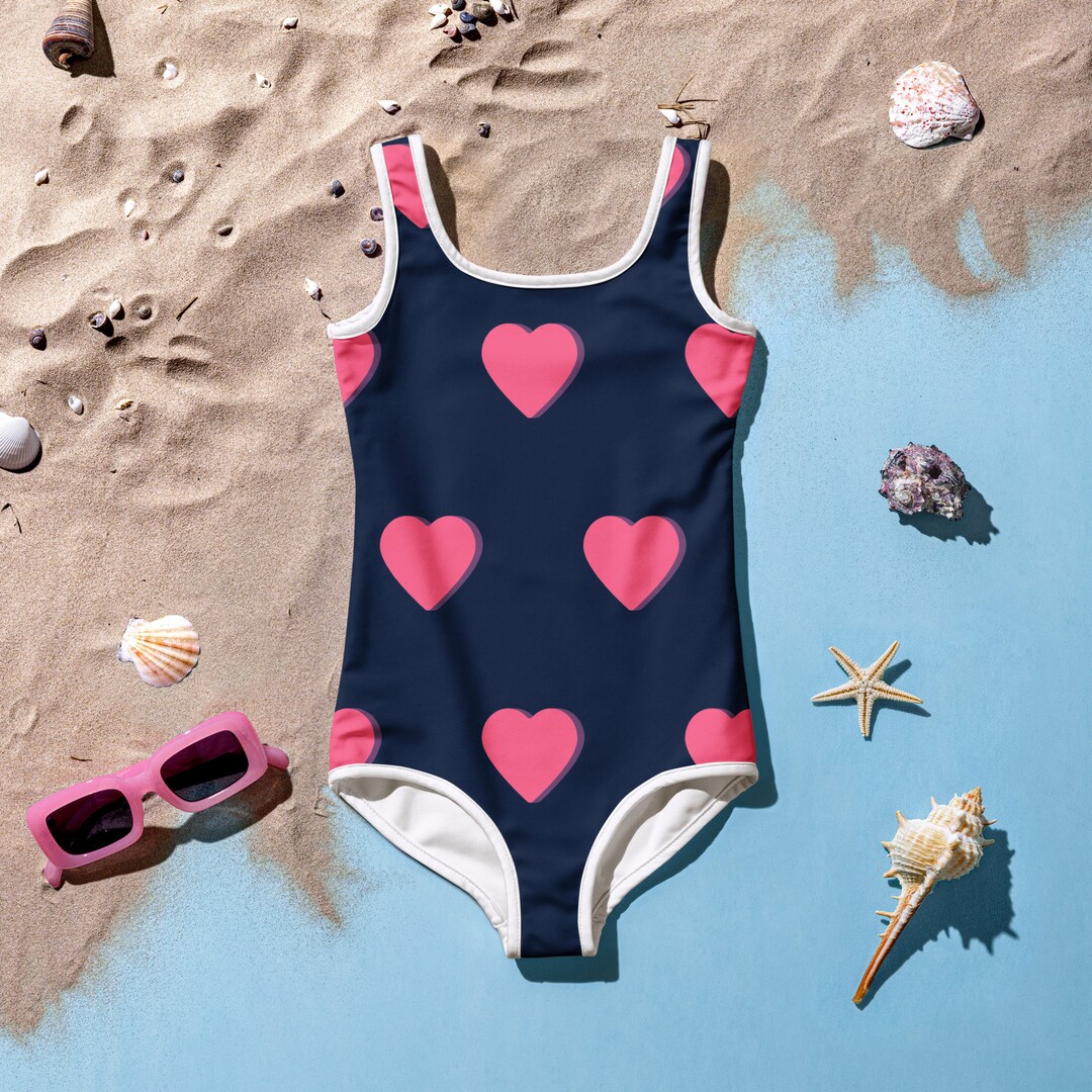 Kids Bathing Suit, Cute Bathing Suit With Pink Hearts for Playful
