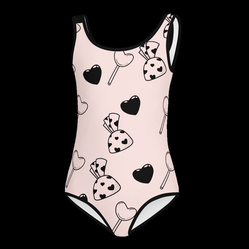 Heart Bathing Suit for Kids, Cute Pink Bathing Suit With Black Hearts