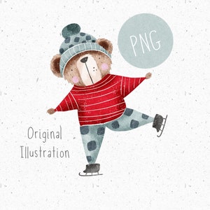 Puede incluir: Una ilustraci&oacute;n de dibujos animados de un oso marr&oacute;n que lleva un gorro azul y blanco y un su&eacute;ter a rayas rojas y blancas. El oso est&aacute; patinando sobre hielo sobre un fondo blanco. El texto "Original Illustration" y "PNG" tambi&eacute;n se incluye en la imagen.