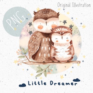 PNG voor sublimatie Little Dreamer Clipart Uil png Bosdieren Clipart schattige uilen png Sterren Clipart maan png dromen Clipart pyjama png