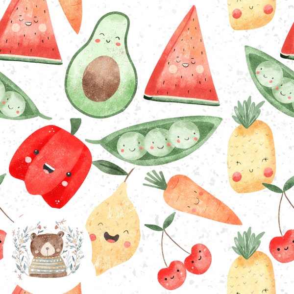 Fruit & Veg Seamless Pattern Vegetable Repeat pattern for fabric Fruit digital paper Watermelon seamless Carrot sublimation food pattern