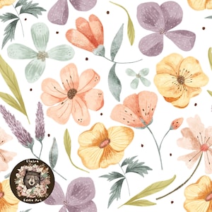 Könnte beinhalten: Aquarell-Blumenmuster mit Pfirsich-, Gelb-, Lavendel- und grünen Blumen auf weißem Hintergrund. Das Design umfasst verschiedene Blumenformen und Blätteranordnungen, die einen weichen, künstlerischen Look erzeugen. Geeignet für Stoff oder Tapete.