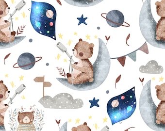Patrón sin costuras del espacio, papel digital sin costuras para astrónomo, papel para álbum de recortes espacial, patrón de repetición de luna para tela, archivo digital con patrón de oso