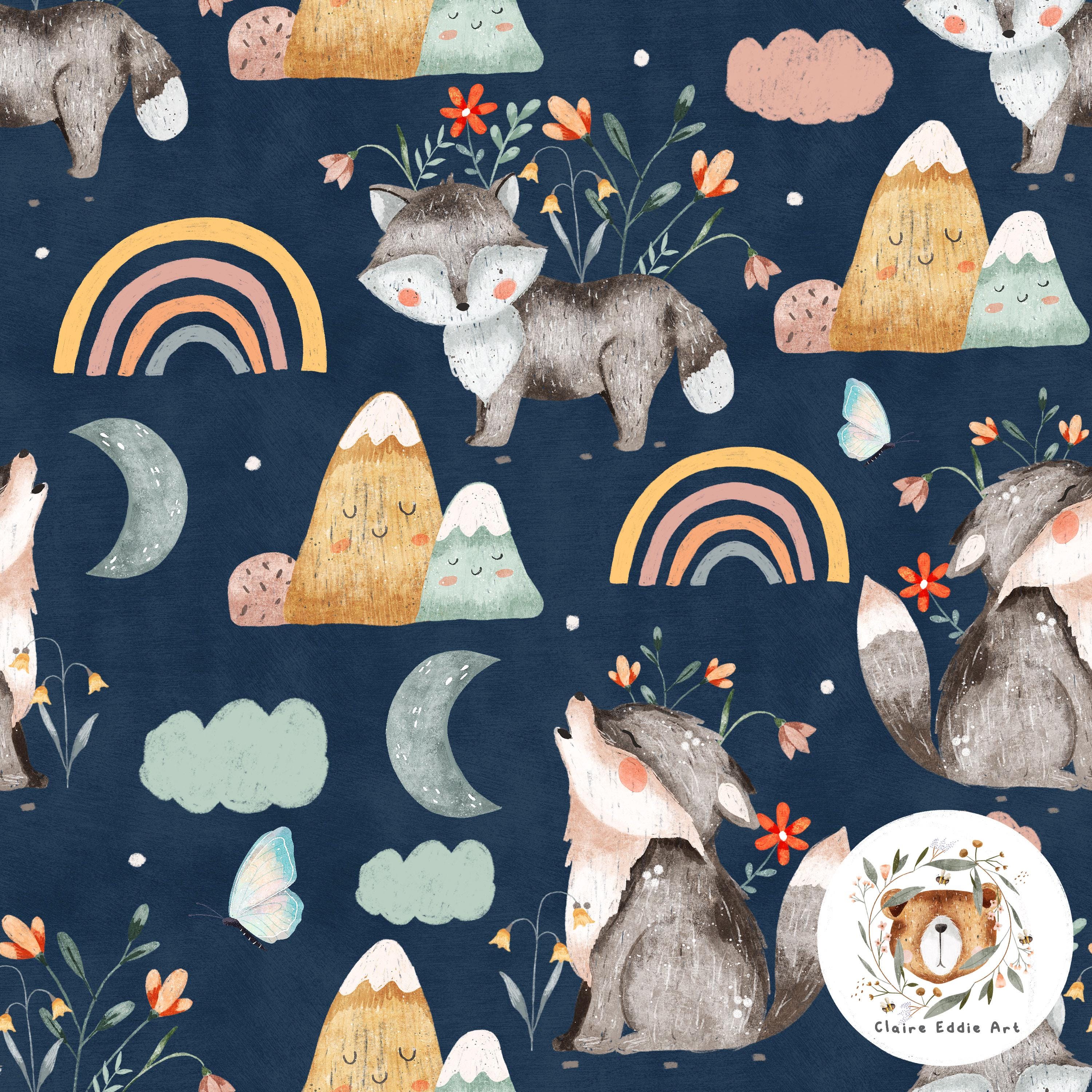 Navy Seamless Pattern Woodland Wolf Repeating Pattern for Fabric Moon ...