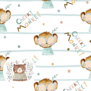 Puede incluir: Un patrón sin costuras que presenta un lindo mono de dibujos animados con gafas y una camisa a rayas. El patrón está sobre un fondo blanco con rayas azules y marrones y puntos de colores. El texto "Cheeky Monkey" se repite en todo el patrón.