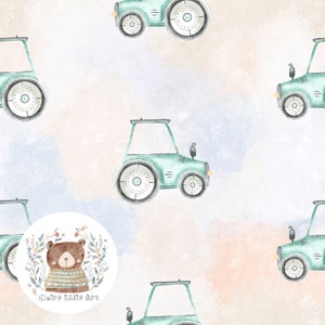 May include: A seamless pattern featuring a watercolor illustration of a green tractor with a brown bear wearing a striped shirt. The background is a soft watercolor wash of pink and blue.