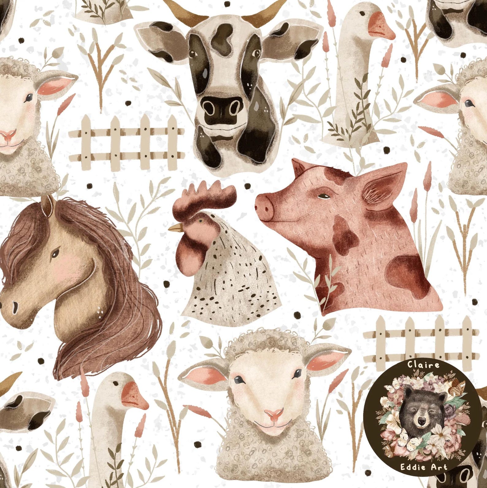 Farm Seamless Pattern Pony Digital Paper Cow Repeat Pattern for Fabric ...