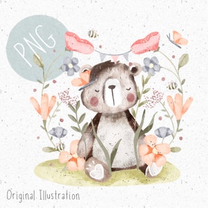 May include: A watercolor illustration of a brown bear sitting in a field of flowers. The bear has closed eyes and a sweet expression. The flowers are pink, orange, and blue. There are also small bees and butterflies in the illustration.