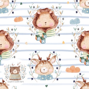 Newborn Seamless Pattern Cute Animals repeat pattern for fabric Safari seamless file Cute baby deer digital paper Blue Stripe Repeating file