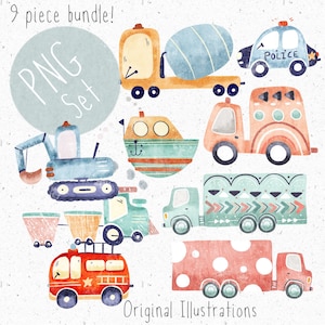 Set von 9 PNGs für Sublimation Bau Clipart für Jungen png Fahrzeuge Bündel Clipart Transport PNG LKW Clipart Boot PNG Polizei