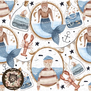 Merman Seamless File Rapportmuster für Stoff Sailor Sublimation Mermaid digitale Papiere Boot nahtlose Datei Sea nahtlose Hummer