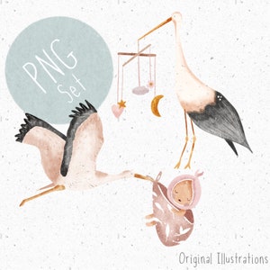 Zestaw 2 PNG do sublimacji Noworodek PNG Zestaw Noworodek png Boho Baby Clipart To dziewczyna Png Bocian Clipart Baby shower sublimacja Ciąża